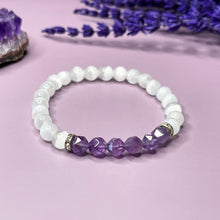 Load image into Gallery viewer, Selenite & Faceted Amethyst 6mm Bead Bracelet