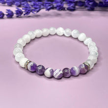 Load image into Gallery viewer, Selenite & Chevron Amethyst 6mm Bead Bracelet
