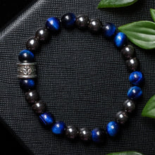 Load image into Gallery viewer, Calm Harmony - 8mm Hematite, Blue Tiger Eye & Celtic Triquetra Design Bracelet