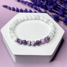 Load image into Gallery viewer, Selenite & Chevron Amethyst 6mm Bead Bracelet