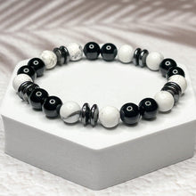 Load image into Gallery viewer, Fearless Ambition - Howlite, Hematite & Onyx 8mm Bead Bracelet