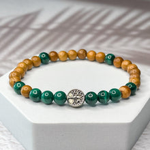 Load image into Gallery viewer, Tree of Life Bracelet - Malachite & Yew Wood 6mm Bead Bracelet