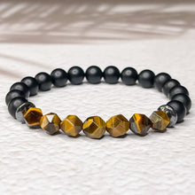 Load image into Gallery viewer, Faceted Tiger Eye, Matte Onyx, & Hematite 8mm Bead Bracelet