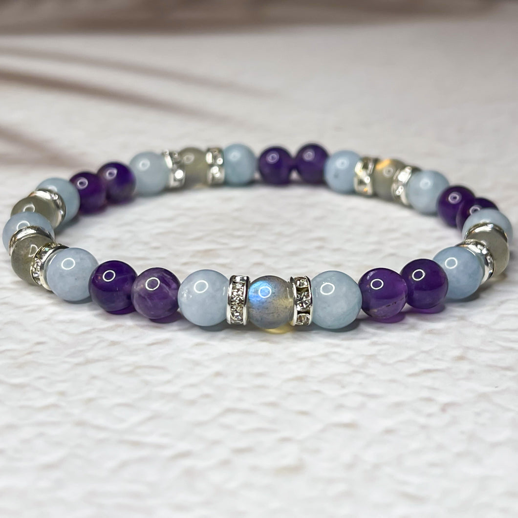 Pisces Zodiac 6mm Bead Bracelet -  Aquamarine, Amethyst & Labradorite