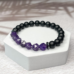 Matte Onyx, Faceted Amethyst & Hematite 8mm Bead