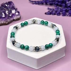 Scorpio Zodiac 6mm Bead Bracelet - Malachite, Aquamarine & Hawk's Eye