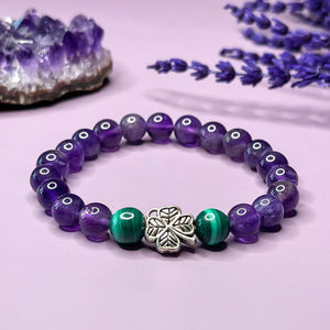 Powerful Abundance - Amethyst & Malachite 8mm Bead Bracelet