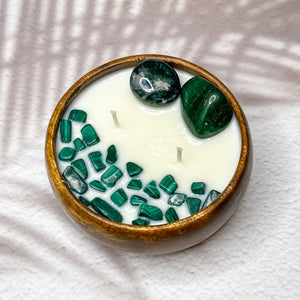 Wealth & Prosperity Candle - Moss Agate, Aventurine & Malachite Crystal Infused Soy Candle