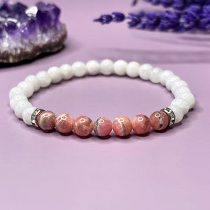 Intuition & Love - Rhodochrosite & Moonstone 6mm Bead Bracelet