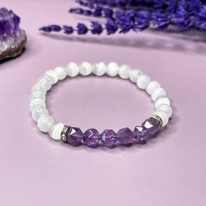 Selenite & Faceted Amethyst 6mm Bead Bracelet