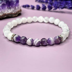 Selenite & Chevron Amethyst 6mm Bead Bracelet