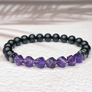 Matte Onyx, Faceted Amethyst & Hematite 8mm Bead