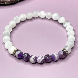 Selenite & Chevron Amethyst 6mm Bead Bracelet