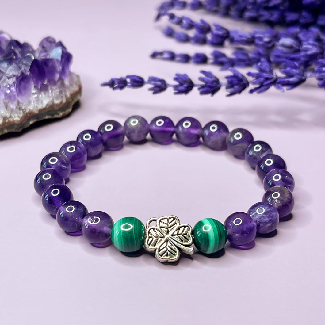 Powerful Abundance - Amethyst & Malachite 8mm Bead Bracelet