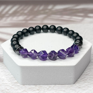 Matte Onyx, Faceted Amethyst & Hematite 8mm Bead