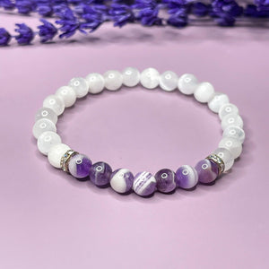 Selenite & Chevron Amethyst 6mm Bead Bracelet