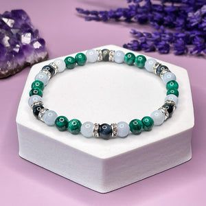 Scorpio Zodiac 6mm Bead Bracelet - Malachite, Aquamarine & Hawk's Eye