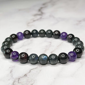 Aquarius Zodiac 8mm Bead Bracelet - Labradorite, Garnet & Amethyst