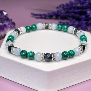 Scorpio Zodiac 6mm Bead Bracelet - Malachite, Aquamarine & Hawk's Eye