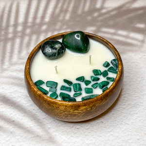 Wealth & Prosperity Candle - Moss Agate, Aventurine & Malachite Crystal Infused Soy Candle