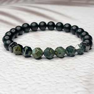 Faceted Kambala Jasper, Matte Onyx, & Hematite 8mm Bead Bracelet