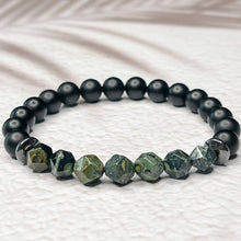 Load image into Gallery viewer, Faceted Kambala Jasper, Matte Onyx, &amp; Hematite 8mm Bead Bracelet
