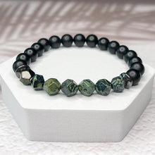 Load image into Gallery viewer, Faceted Kambala Jasper, Matte Onyx, &amp; Hematite 8mm Bead Bracelet
