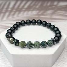 Load image into Gallery viewer, Faceted Kambala Jasper, Matte Onyx, &amp; Hematite 8mm Bead Bracelet
