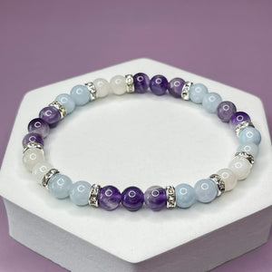 Aquarius Zodiac 6mm Bead Bracelet -  Aquamarine, Amethyst & Moonstone