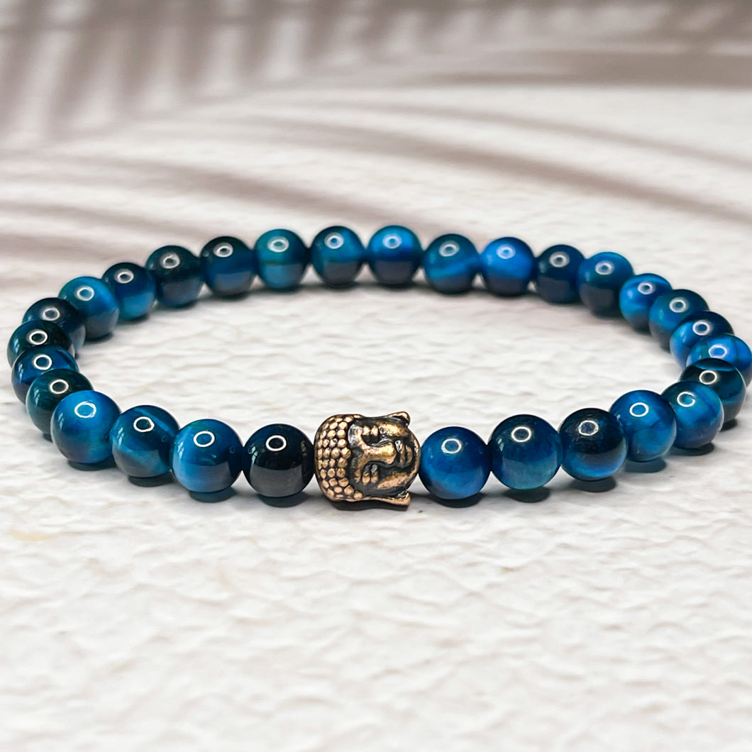 Blue Buddha- Blue Tiger Eye 6mm Bead Bracelet