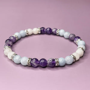 Aquarius Zodiac 6mm Bead Bracelet -  Aquamarine, Amethyst & Moonstone