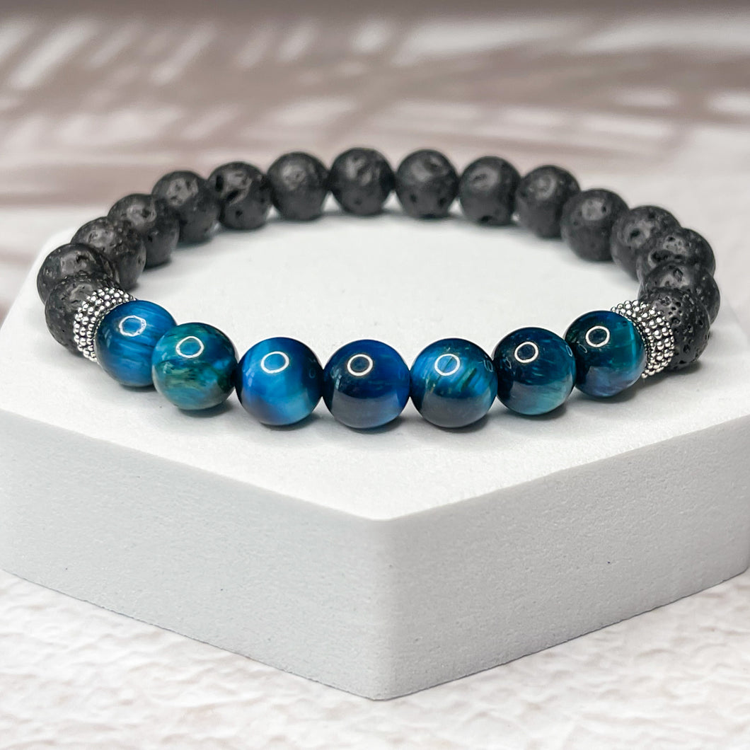 Healing Renewal - Blue Tiger Eye & Lava Stone 8mm Bead Bracelet