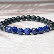 Load image into Gallery viewer, Faceted Lapis Lazuli, Matte Onyx, &amp; Hematite 8mm Bead
