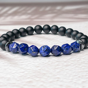 Faceted Lapis Lazuli, Matte Onyx, & Hematite 8mm Bead