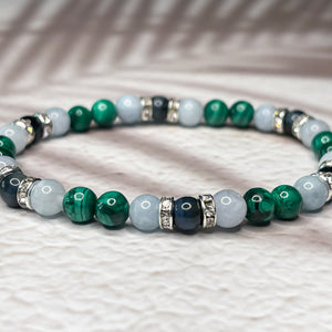 Scorpio Zodiac 6mm Bead Bracelet - Malachite, Aquamarine & Hawk's Eye