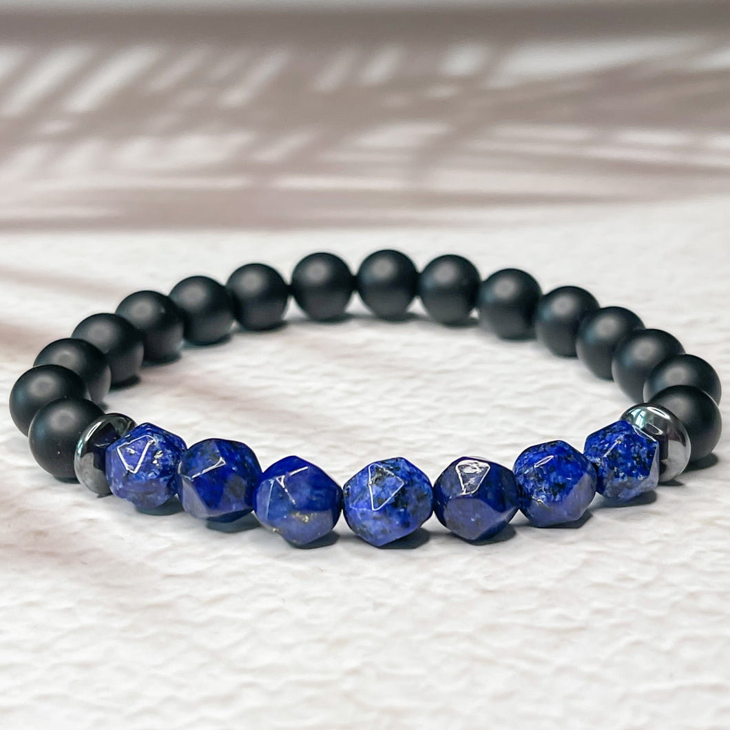 Faceted Lapis Lazuli, Matte Onyx, & Hematite 8mm Bead