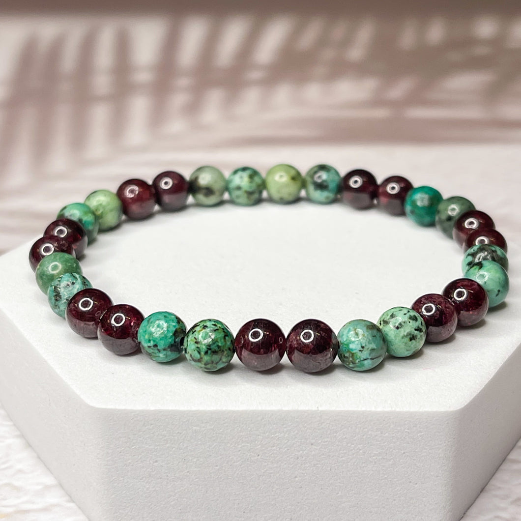 Sagittarius Zodiac 6mm Bead Bracelet -  African Turquoise & Garnet