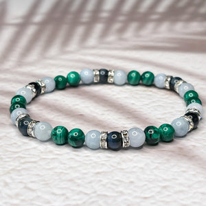 Scorpio Zodiac 6mm Bead Bracelet - Malachite, Aquamarine & Hawk's Eye