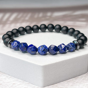 Faceted Lapis Lazuli, Matte Onyx, & Hematite 8mm Bead