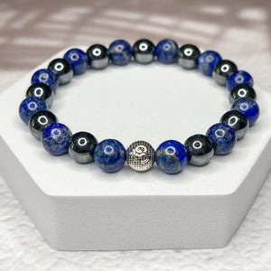 Men's Om 8mm Bead Bracelet - Hematite & Lapis Lazuli