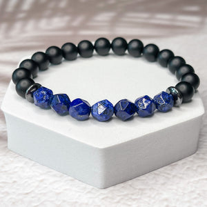 Faceted Lapis Lazuli, Matte Onyx, & Hematite 8mm Bead