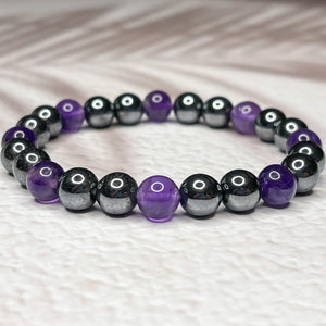 Spiritual Harmony - Hematite & Amethyst 8mm Bead Bracelet.