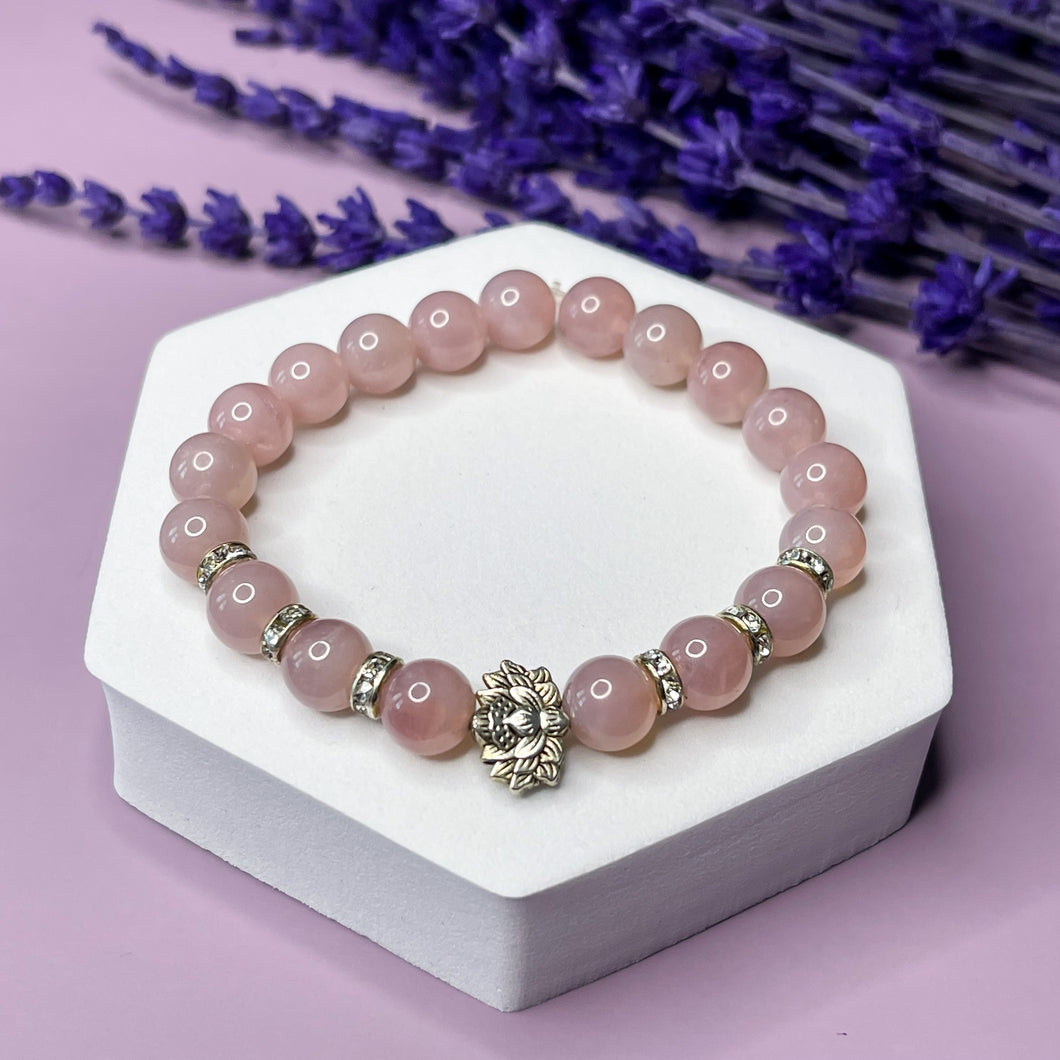 Pure Love - Madagascar Rose Quartz and Lotus Flower 8mm Bead Bracelet