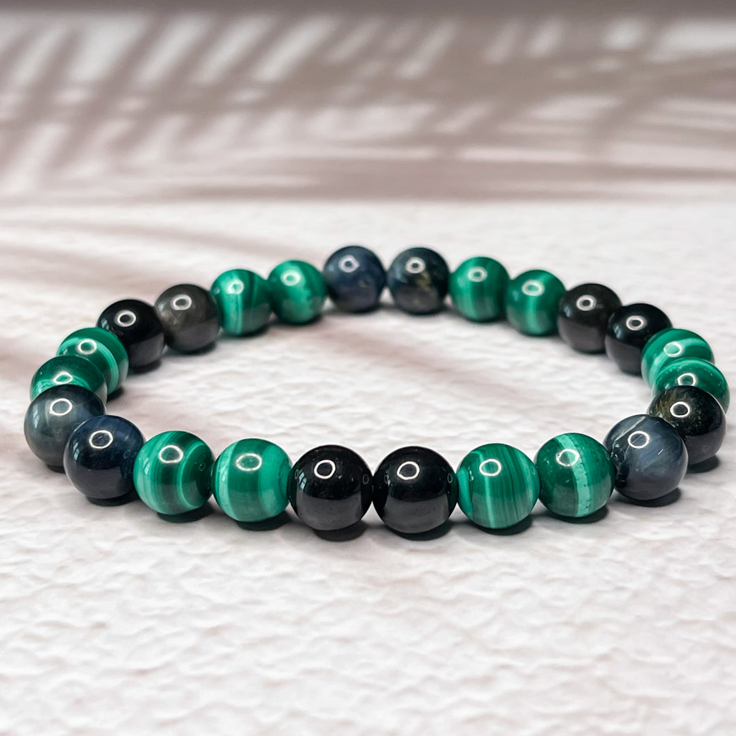 Scorpio Zodiac 8mm Bead Bracelet - Malachite, Obsidian & Hawk's Eye