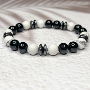 Fearless Ambition - Howlite, Hematite & Onyx 8mm Bead Bracelet