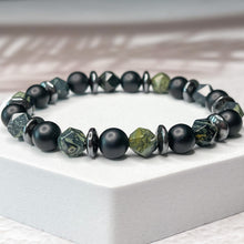 Load image into Gallery viewer, Ancient Energy - Kambala Jasper, Matte Onyx, &amp; Hematite 8mm Bead Bracelet
