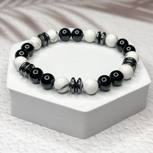 Fearless Ambition - Howlite, Hematite & Onyx 8mm Bead Bracelet