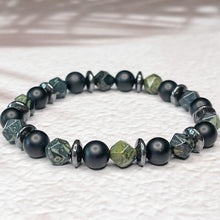 Load image into Gallery viewer, Ancient Energy - Kambala Jasper, Matte Onyx, &amp; Hematite 8mm Bead Bracelet
