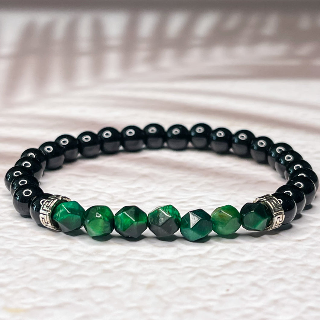 Faceted Green Tiger Eye & Onyx 6mm Bead Bracelet