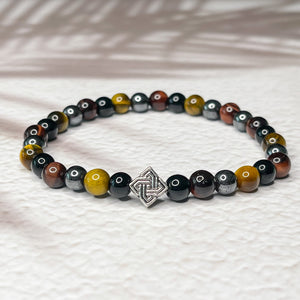 The Viking Power - Tiger Eye, Red Tiger Eye, Hematite, Onyx & Celtic Knot 6mm Bead Bracelet